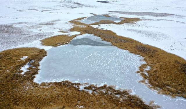 Kars'taki tescilli Lavaş Gölü'nün yüzeyi dondu