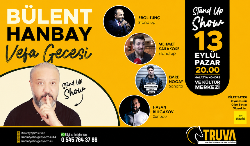 Malatya'da Vefa Gecesi: Bülent Hanbay Stand-Up Gösterisi 13 Eylül'de Sahnelenecek